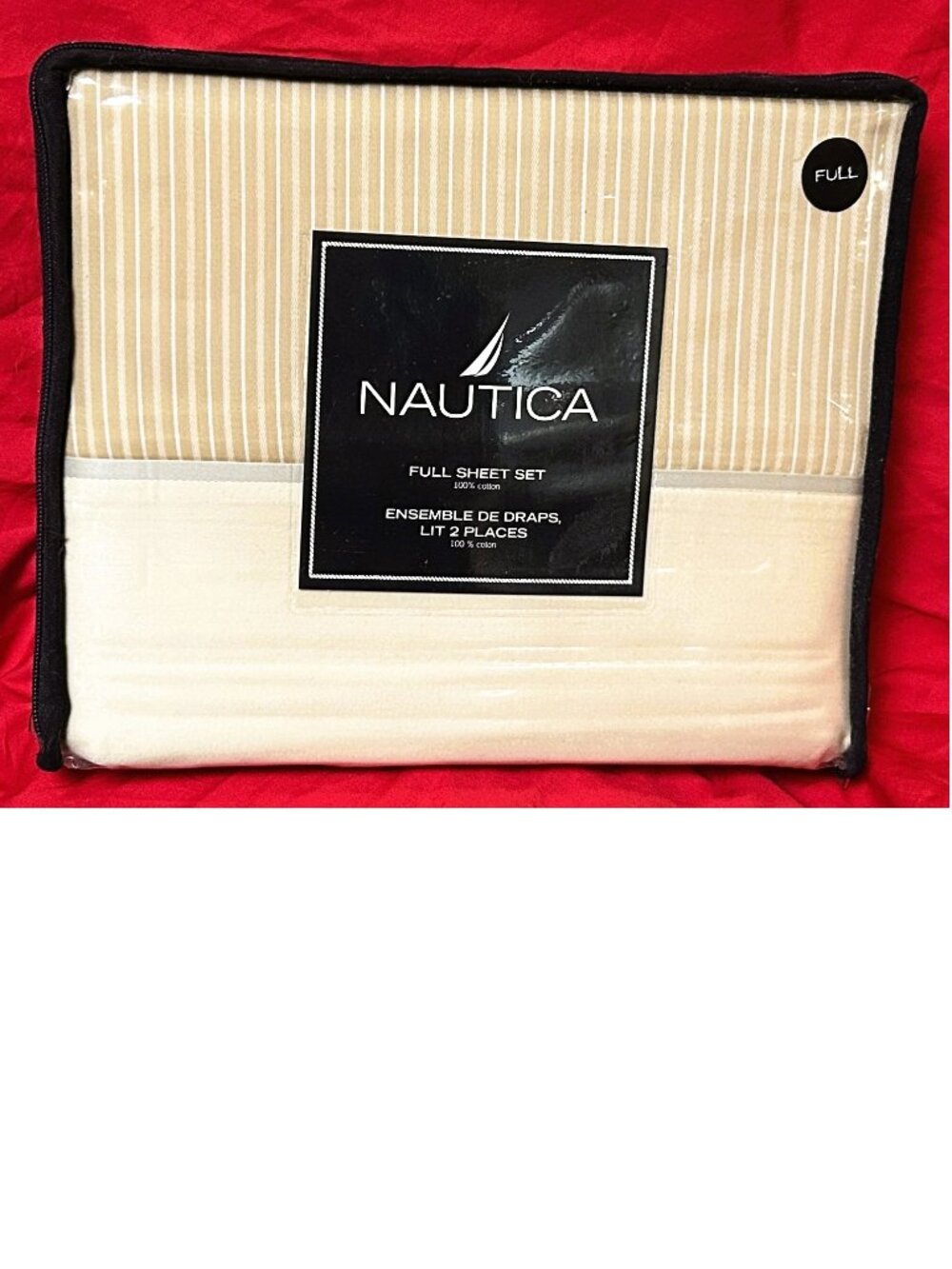 Vintage Full size Deep Fitted Sheet Set~Nautica Oslo Ivory Ecru Tan Stripe~310TC